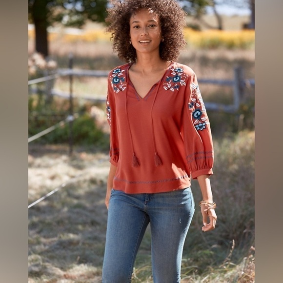 Garnet Hill Embroidered-Yoke Bishop-Sleeve Blouse, Size XS - Picture 2 of 10